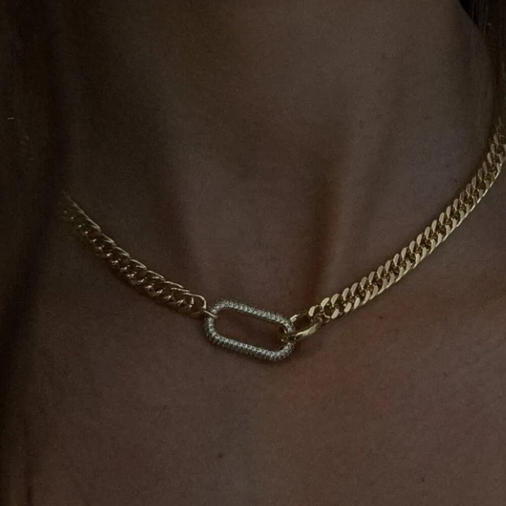 Gold Zircon Rectangular Charm Necklace Chain Link - Picture 8 of 11